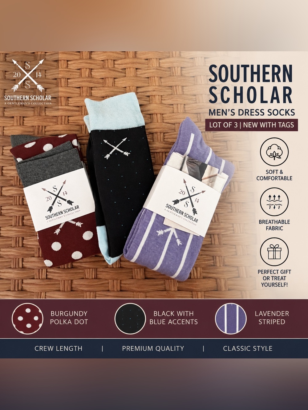 Southern Scholar Men's Dress Socks Lot of 3 NWT Colorful Patterned Crew Socks